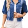 Women's Cropped Denim Jackets Short Sleeve Button Down Casua...