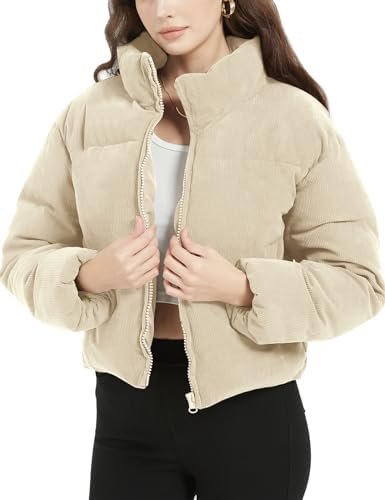 Flygo Womens Cropped Corduroy Puffer Jacket Winter Jackets W...