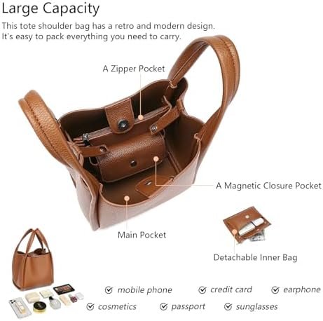 Leather Tote Bag Slouchy Handbag with Zipper Stylish for Wom...