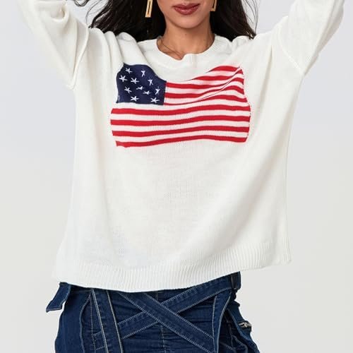 Women's Flag Pattern Long Sleeve Sweater 4th of July Round N...