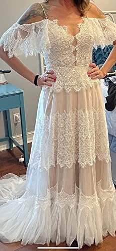 Women's Wedding Dresses Chic Lace Evening Dresses V Neck Ruf...