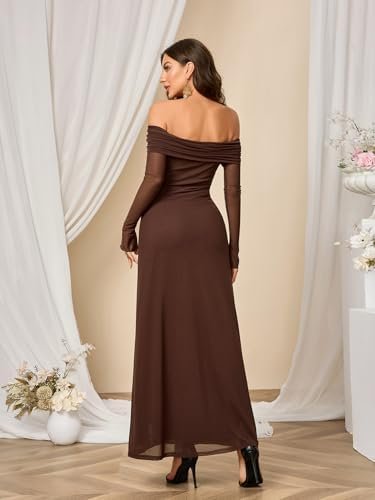 Colysmo Women Long Sleeve Mesh Off Shoulder Bodycon Maxi Dre...