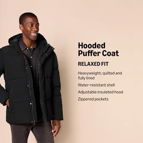 Amazon Essentials Men's Mid-Length Hooded Puffer Coat (Avail...