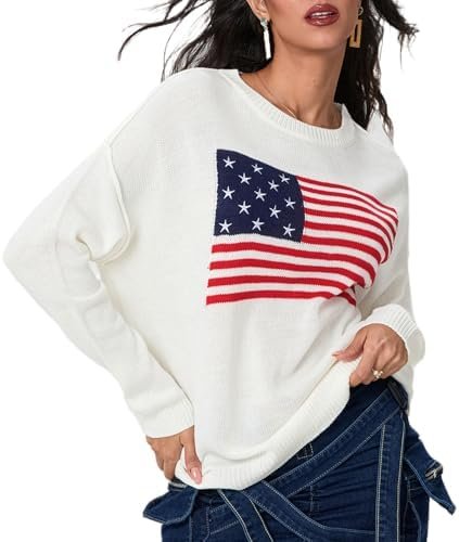 Women's Flag Pattern Long Sleeve Sweater 4th of July Round N...