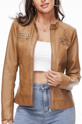 Fahsyee Zip Leather Jackets for Women Motorcycle Faux PU Mot...