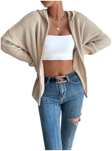 SHENHE Women's Zip Up Hooded Cardigan Drop Shoulder Casual K...