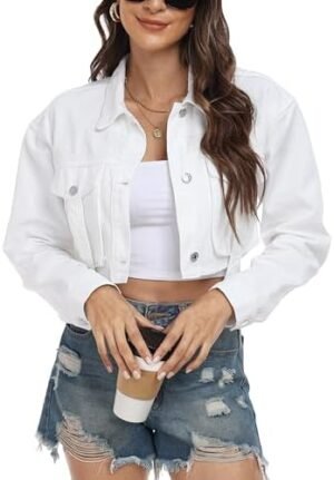 andy & natalie Womens Jean Jacket Cropped Fashion Button Dow... andy & natalie Womens Jean Jacket Cropped Fashion Button Dow...