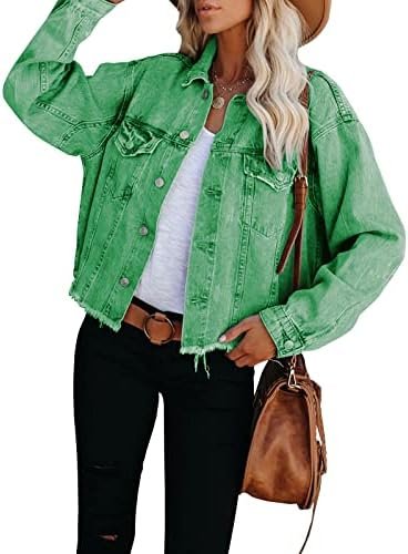 LONGBIDA Women's Jean Jacket Frayed Washed Button Up Cropped...