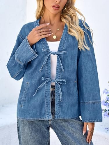 Tankaneo Womens Tie Front Denim Jacket Long Wide Sleeve Loos...