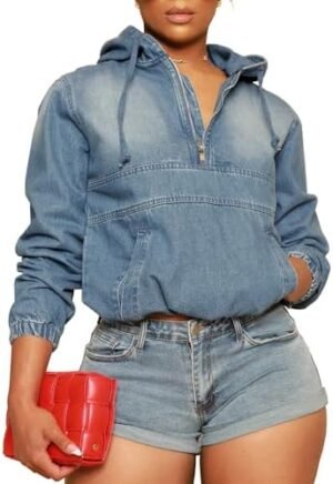 PINSV Women's Half Zip Sweatshirt Denim Hoodie Pullover Jack... PINSV Women's Half Zip Sweatshirt Denim Hoodie Pullover Jack...