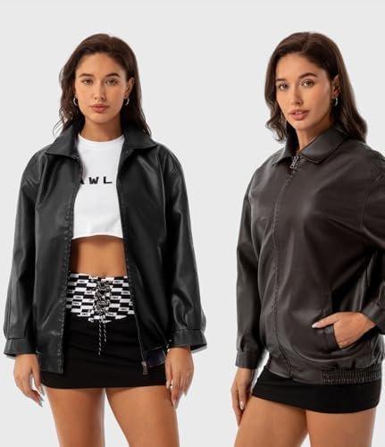 Womens Oversized Faux Leather Jackets Fashion Zip Up Motorcy...