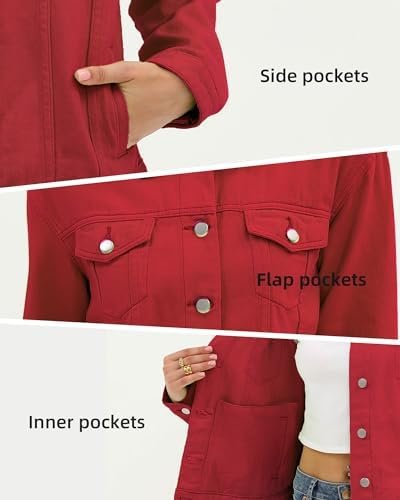 Argstar Denim Jacket for Women Button Up Long Sleeve with Po...
