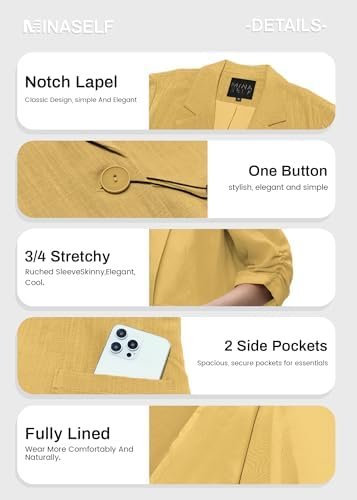 2025 Summer Linen Blazer Women Lightweight 3/4 Stretchy Ruch...