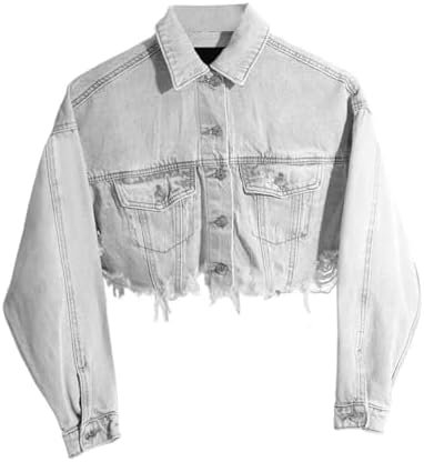 HTD Women's Cropped Jean Jacket Button Up Long Sleeve Ripped...