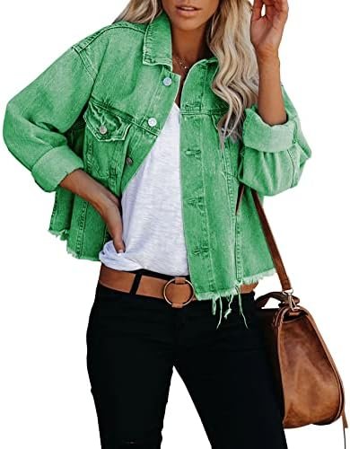LONGBIDA Women's Jean Jacket Frayed Washed Button Up Cropped...