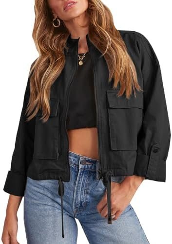 Tankaneo Women Casual Cropped Jackets Zip Up Lightweight Mil...