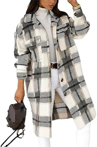 PUWEI Women's Long Flannel Plaid Jacket Shacket Cozy Lapel B...