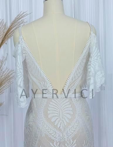 Boho Lace Wedding Dress for Brides Could Sleeves Deep V Neck...