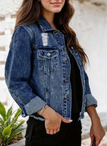 Kedera Womens Denim Jacket Distressed Frayed Ripped Jean Jac...