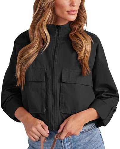 Tankaneo Women Casual Cropped Jackets Zip Up Lightweight Mil...