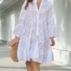 White Floral Dress for Women Hollow Out Lace Boho Solid V Ne...