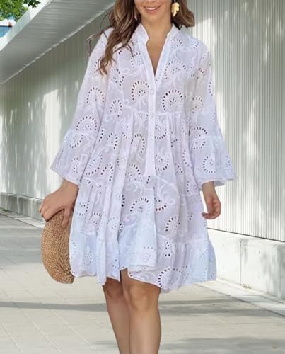 White Floral Dress for Women Hollow Out Lace Boho Solid V Ne...