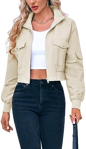 Fisoew Women's Cropped Bomber Jackets Lightweight Zip Up Sta... Fisoew Women's Cropped Bomber Jackets Lightweight Zip Up Sta...