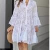 White Floral Dress for Women Hollow Out Lace Boho Solid V Ne...