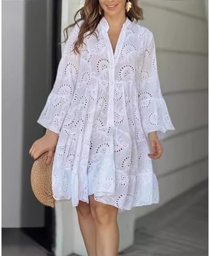 White Floral Dress for Women Hollow Out Lace Boho Solid V Ne...