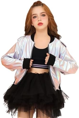Perfashion Metallic Bomber Jacket for Girls Zip Up Cropped J...