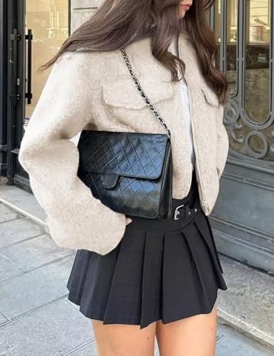 hathne Women's Wool Coat Casual Copped Bomber Jacket Zip Up ...