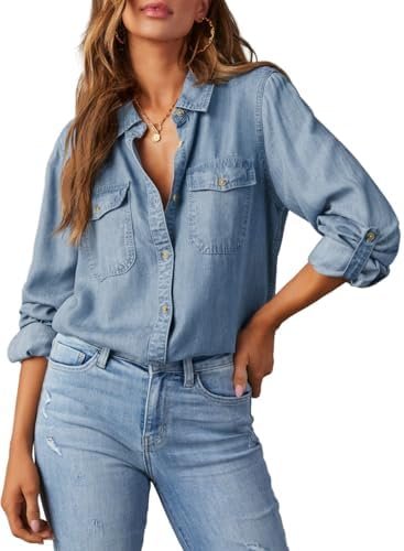 Astylish Women Button Down Denim Shirts Casual Long Sleeve V...