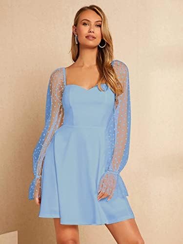 WDIRARA Women's Polka Dots Mesh Long Sleeve A Line Mini Flow...