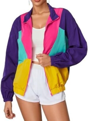 WDIRARA Women's Color Block Zip Up Lightweight Jacket Patchw... WDIRARA Women's Color Block Zip Up Lightweight Jacket Patchw...