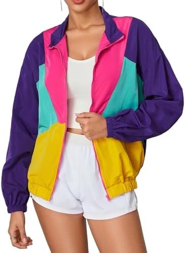 WDIRARA Women's Color Block Zip Up Lightweight Jacket Patchw...