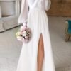 Womens Long Sleeves Tea Length Wedding Dress for Bride Chiff...