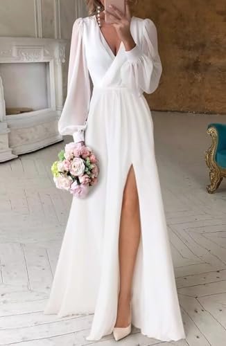 Womens Long Sleeves Tea Length Wedding Dress for Bride Chiff...