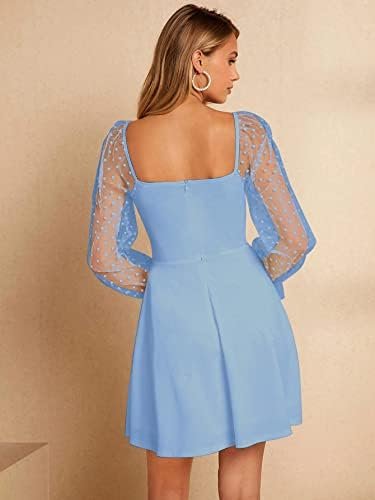 WDIRARA Women's Polka Dots Mesh Long Sleeve A Line Mini Flow...