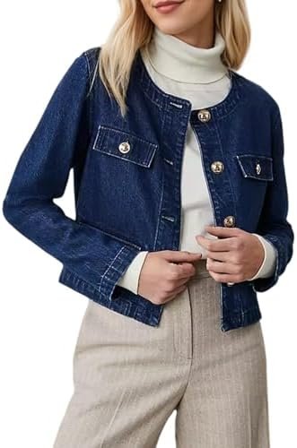 Kedera Jean Jacket Women 2025 Long sleeves Cropped Collarles...