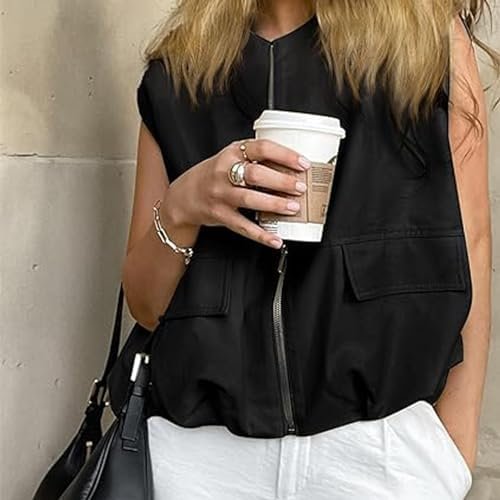 Women Cargo Vest Oversize Cropped Sleeveless Jacket Lightwei...