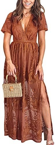 Eleter Women's Deep V-Neck Lace Romper Short Sleeve Long Dre... Eleter Women's Deep V-Neck Lace Romper Short Sleeve Long Dre...