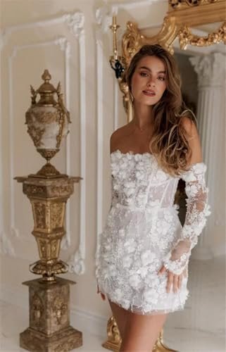Women's Short Wedding Dresses with Detachable Sleeves Flower...