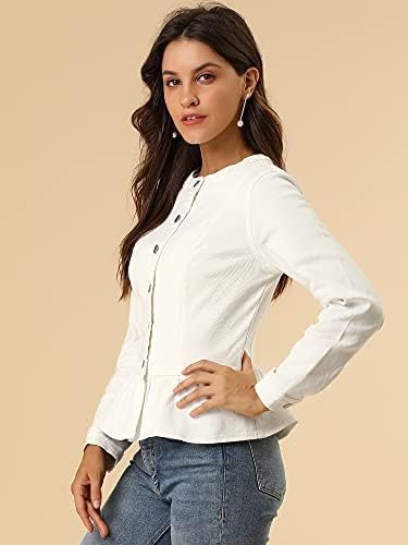 Allegra K Women's Peplum Denim Jackets Collarless Round Neck...