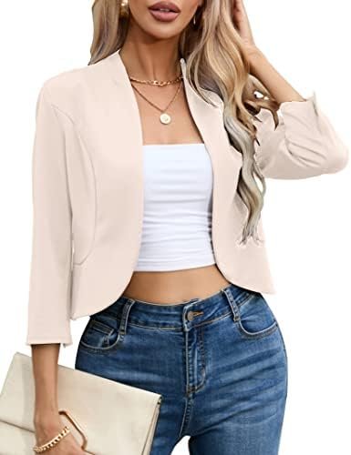 KOJOOIN Womens Cropped Blazer Casual Business 3/4 Sleeve Col...