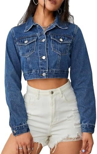 Women's Denim Jackets Cropped Jean Jacket Long Sleeve Casual...