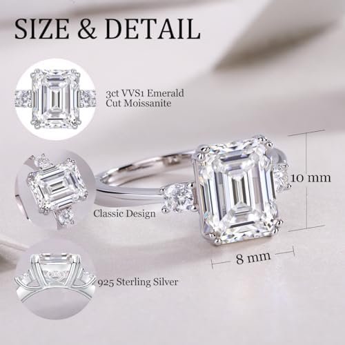 3ct Moissanite Engagement Ring for Women, 10 * 8MM Main Ston...