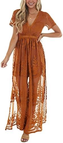 LRISES Womens V Neck Floral Embroidered Lace Wedding Maxi Dr...