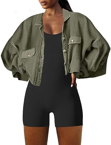 Panadila Women's Cropped Waffle Knit Shacket Short Button Do...