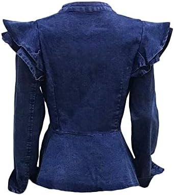 ECHOINE Women Casual Denim Jacket - Long Sleeve Zip Ruffle S...