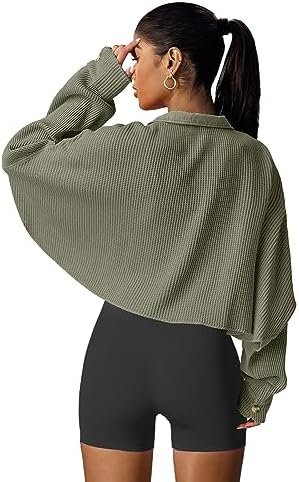 Panadila Women's Cropped Waffle Knit Shacket Short Button Do...